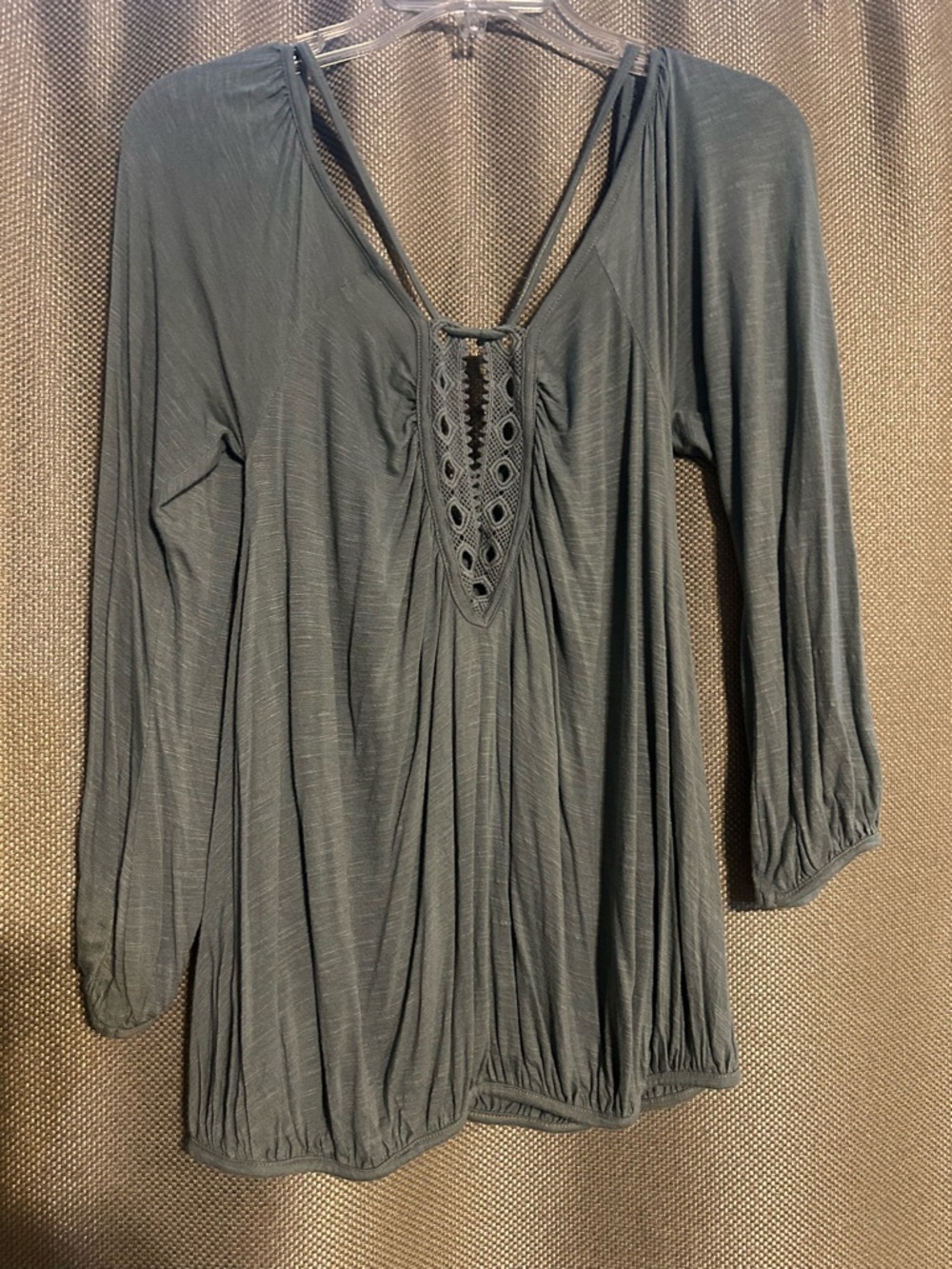 Boho Lace-Trim Long Sleeve Tunic in Slate Gray